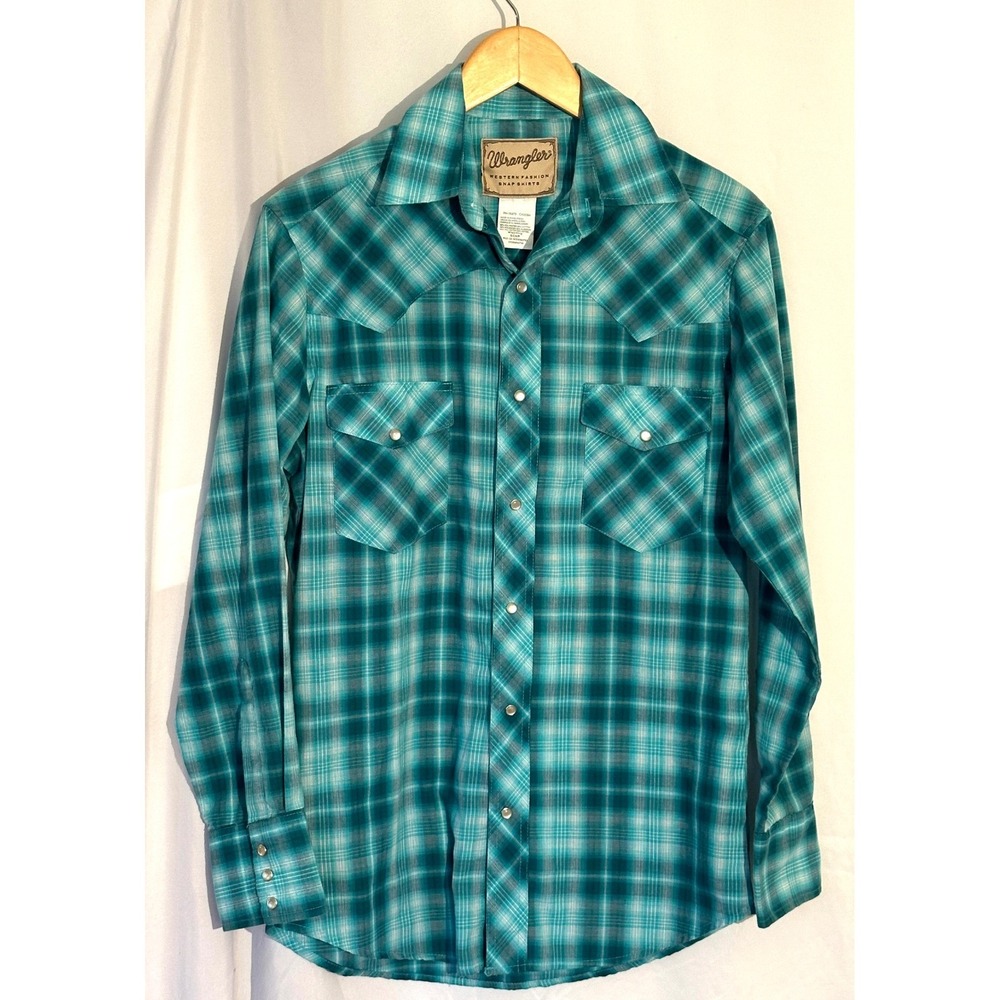 Wrangler Mens Western Fashion Snap Shirt Teal Plaid Long Sleeve Pearl Snap Small
